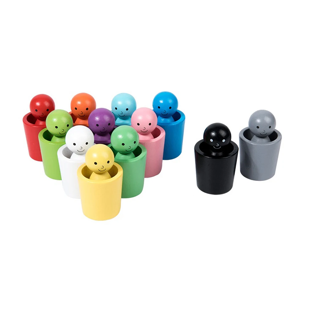 12Pcs Wooden Color Classification Cups Interactive Dolls in Cups Stackable Color Matching Toy for Intelligence Development