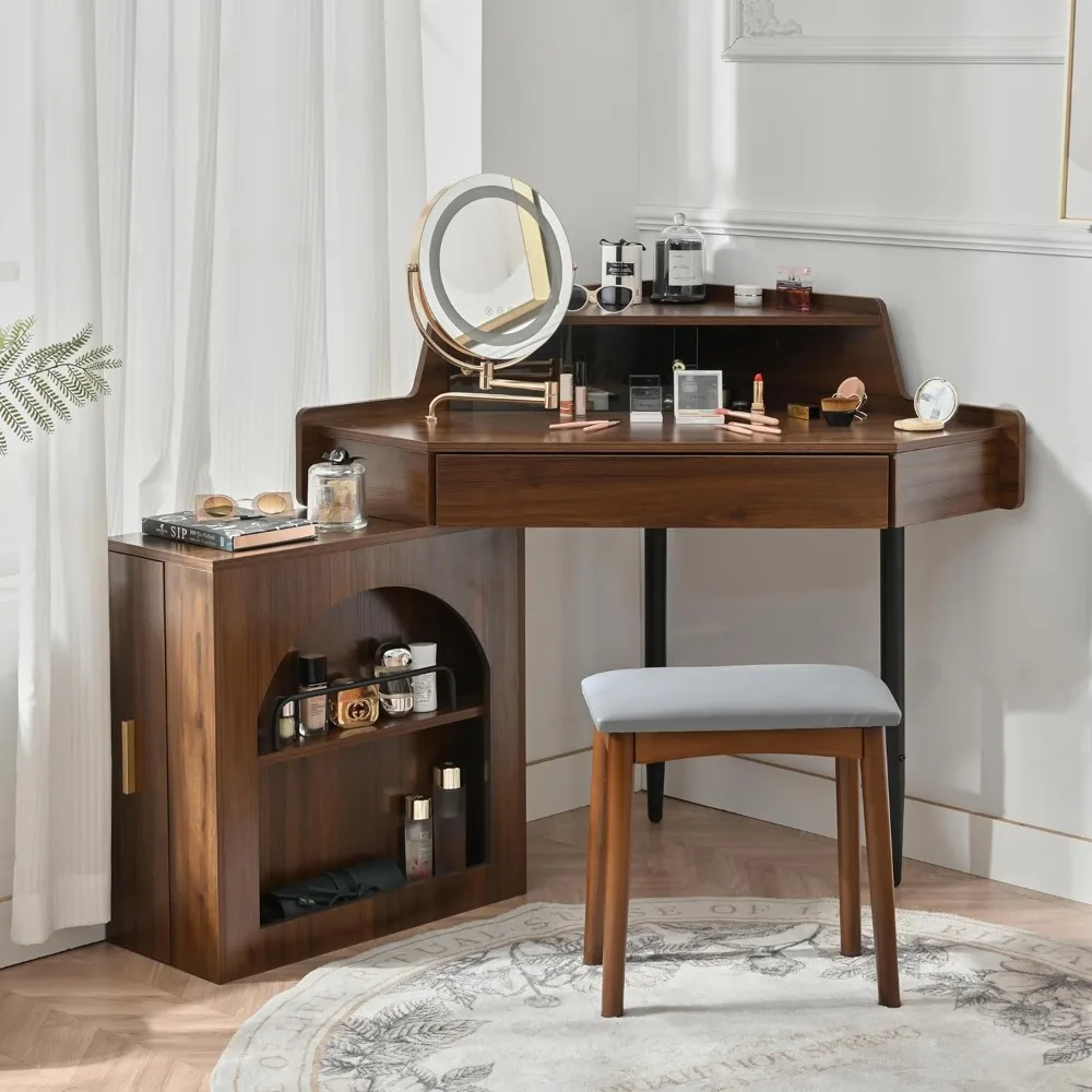 

illuminated corner vanity desk with mirror, led lights, makeup vanity table set with stool, storage drawers, and side cabinet
