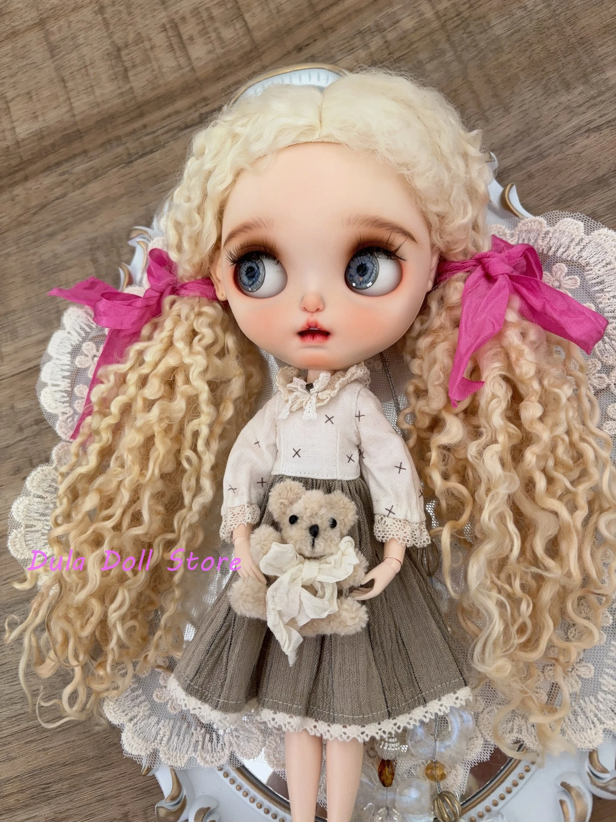 Dula Doll Wigs for Blythe Qbaby natural Sheep wool curl fixed Extra long hair hard seams for 9-10 inch head