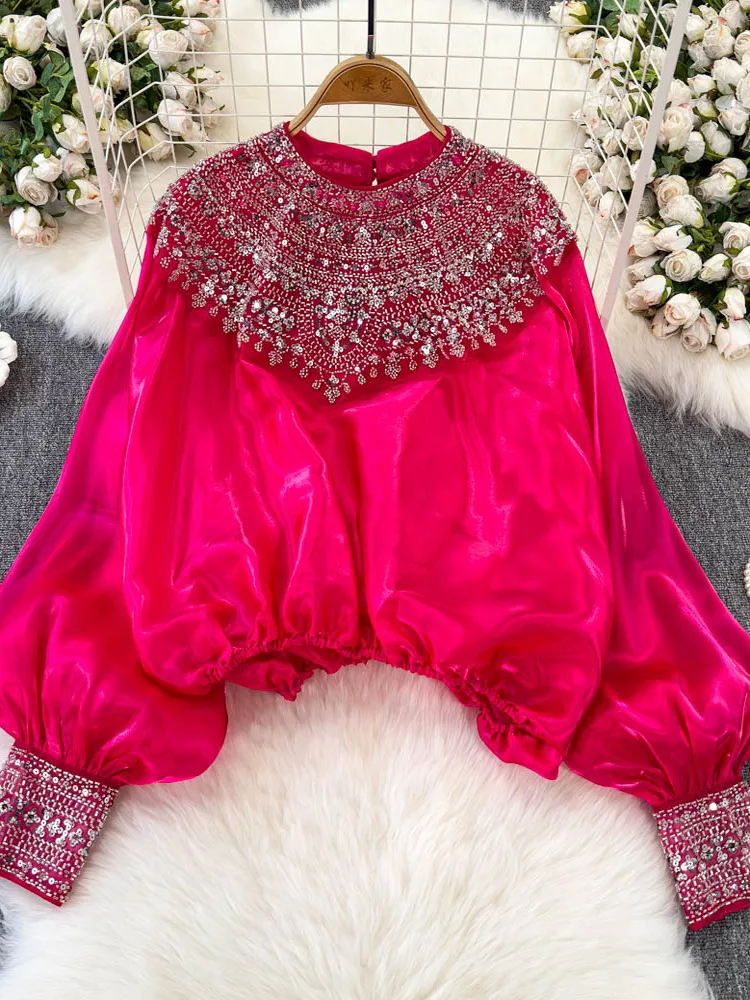 

French Design Shirts Heavy Beading Sequined Crop Tops O Neck Lantern Sleeve Blouses Spring Casual Loose 2025 New Women Clothing