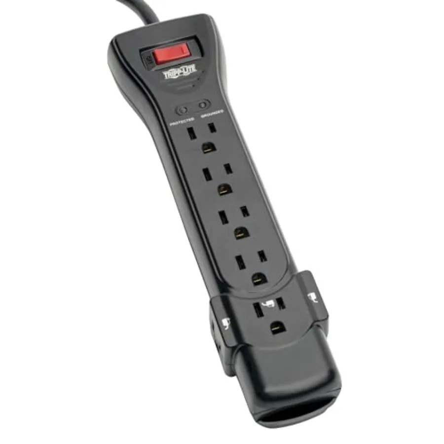 

Home Office Dorm Room Essentials: Black Flat Plug 7-Outlet Extension Cord Power Strip with Surge Protection 25ft Length 2160 Jo