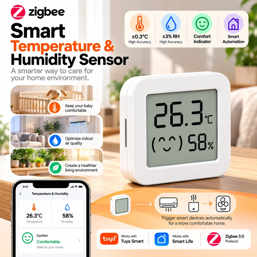 Zigbee3.0 Temperature Humidity Sensor Comfort Level Face Prompt Smart Scene Linkage For Indoor Environment Monitoring Detector