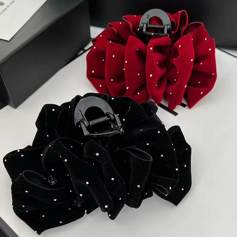 Elegante große einfarbige Samt diamantbesetzte Schleife Haarspangen Frauen Mädchen Haarklammern Haarnadel Kopfschmuck Haarschmuck – Detail 4