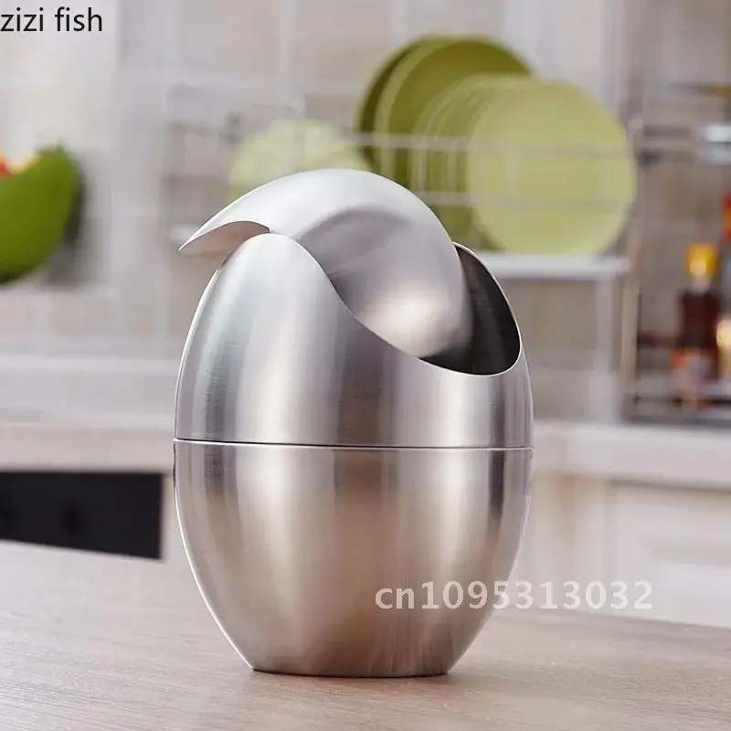 

Stainless Steel Trash Can Egg Shape Swing Lid Trash Can Desktop Garbage Box Wastebasket Box Organize Storage Storage Small Bins