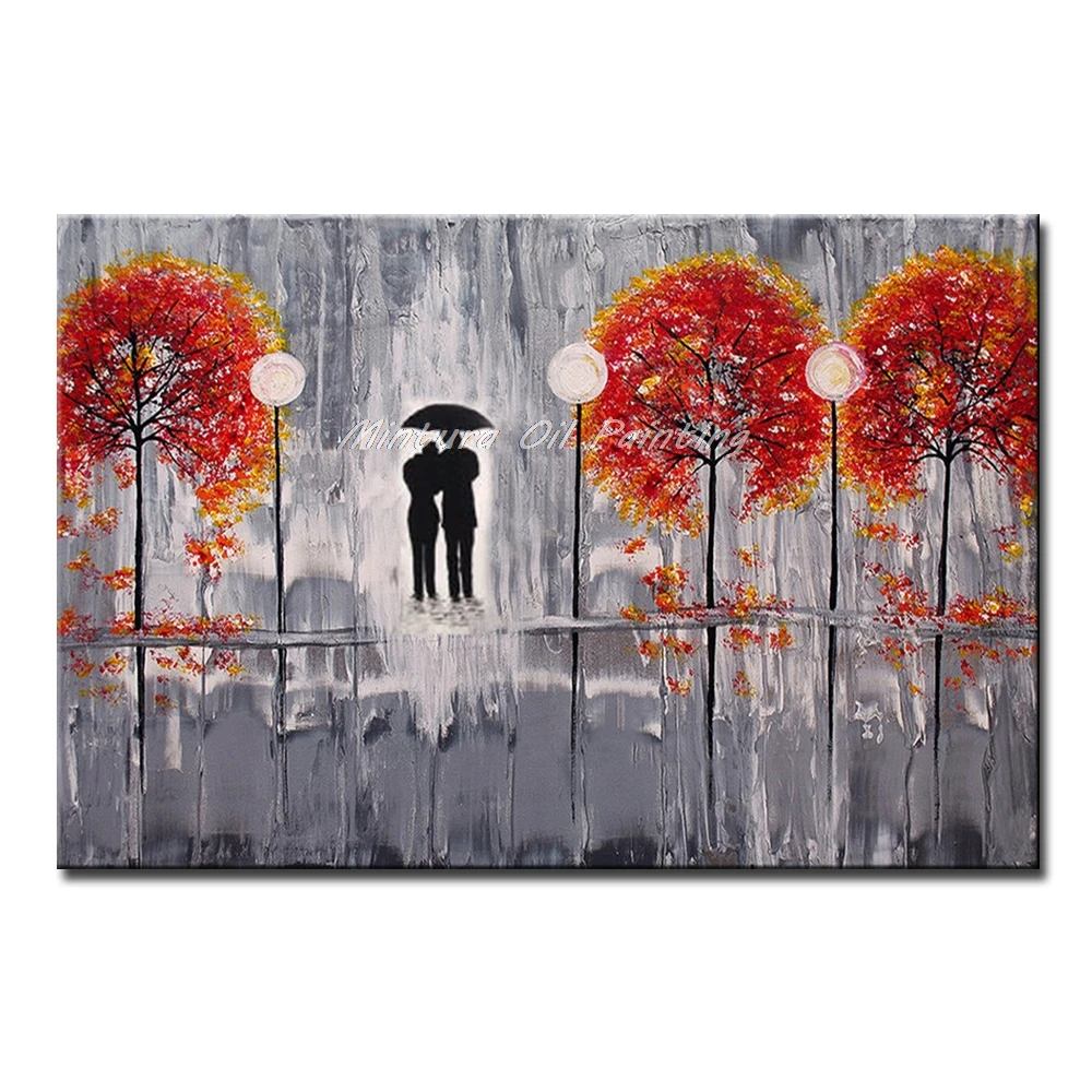 Mintura Art Hand-Painted Acrylic Canvas,Oil Paintings Lovers Under the Maple Tree  Art Pictures Room Decor Hotel Decor No Framed