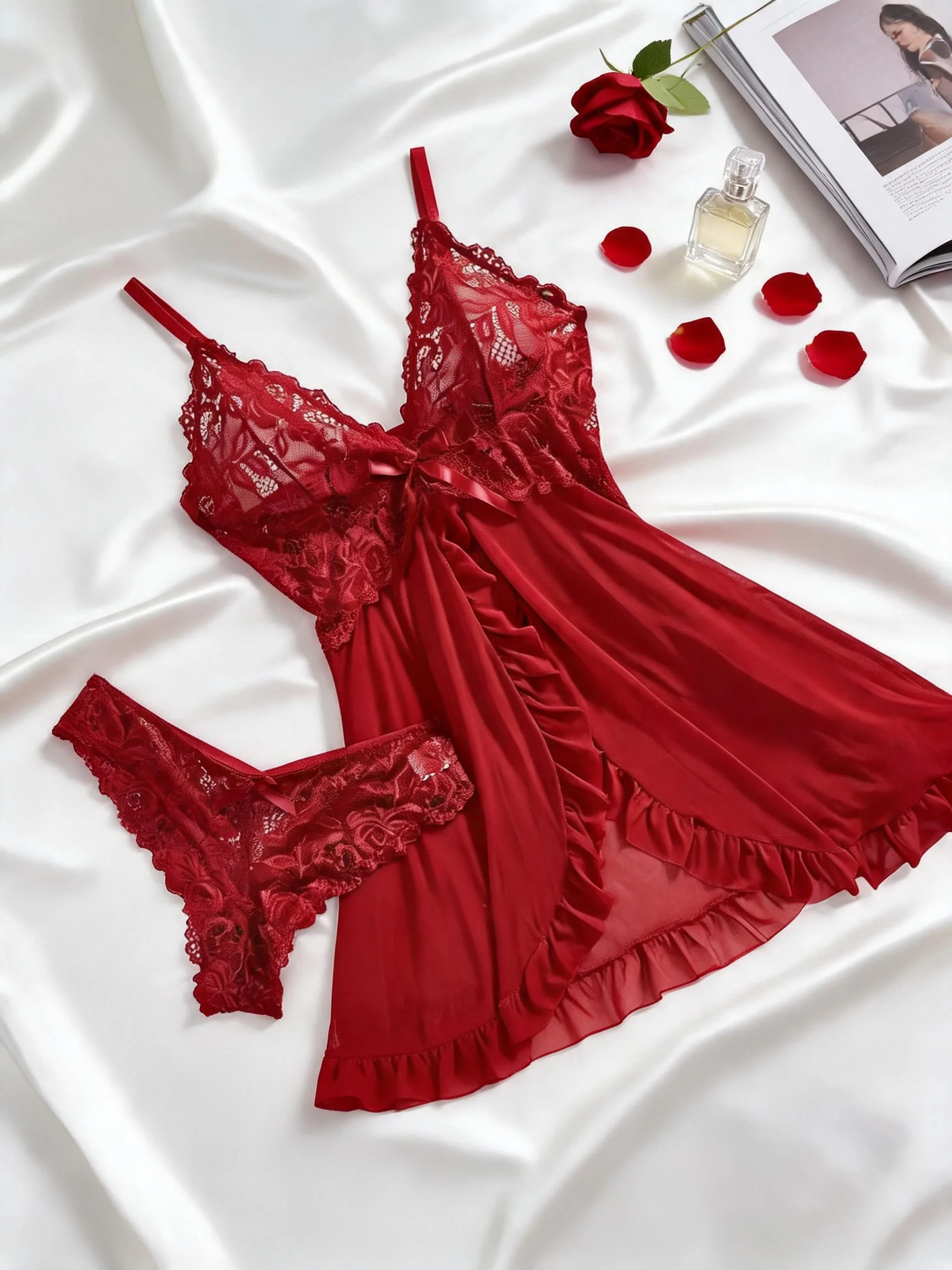 New Sling Lace Nightgown Red See-through Pajamas Short Style for Home Sleeping Pyjamas Woman Offer Lingeries Women Loungewear