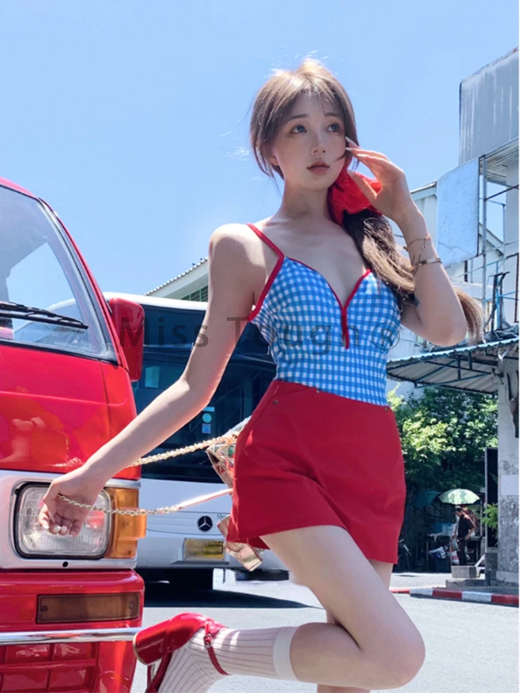 Summer Sexy Slim Sling Sleeveless Set Skirt Women Korean Fashion Blue Plaid Tops Red Mini Skirts Aesthetic Y2k Casual Suits New