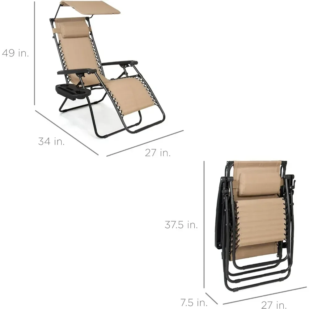 Folding Beach Chair, Adjustable Canopy Shade and Headrest and Side Accessory Tray, All Weather Outdoor Lounge Chairs