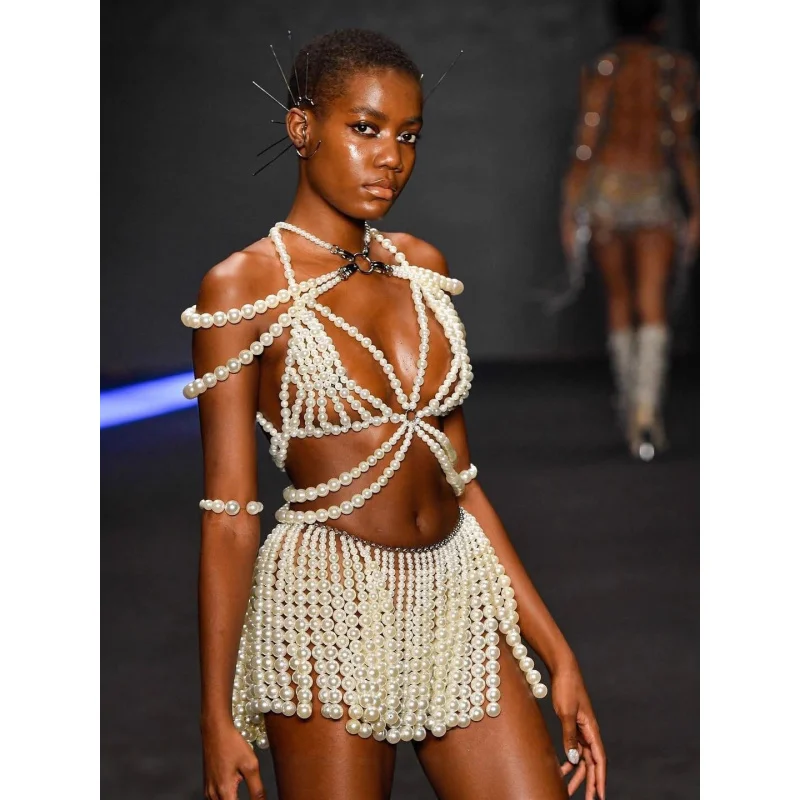 

Body Jewelry Woman Sexy Bikini Bra Chain Trendy Totally Hand-made Pearl Bride Double Shoulder Chain Bra Skirt chain Set