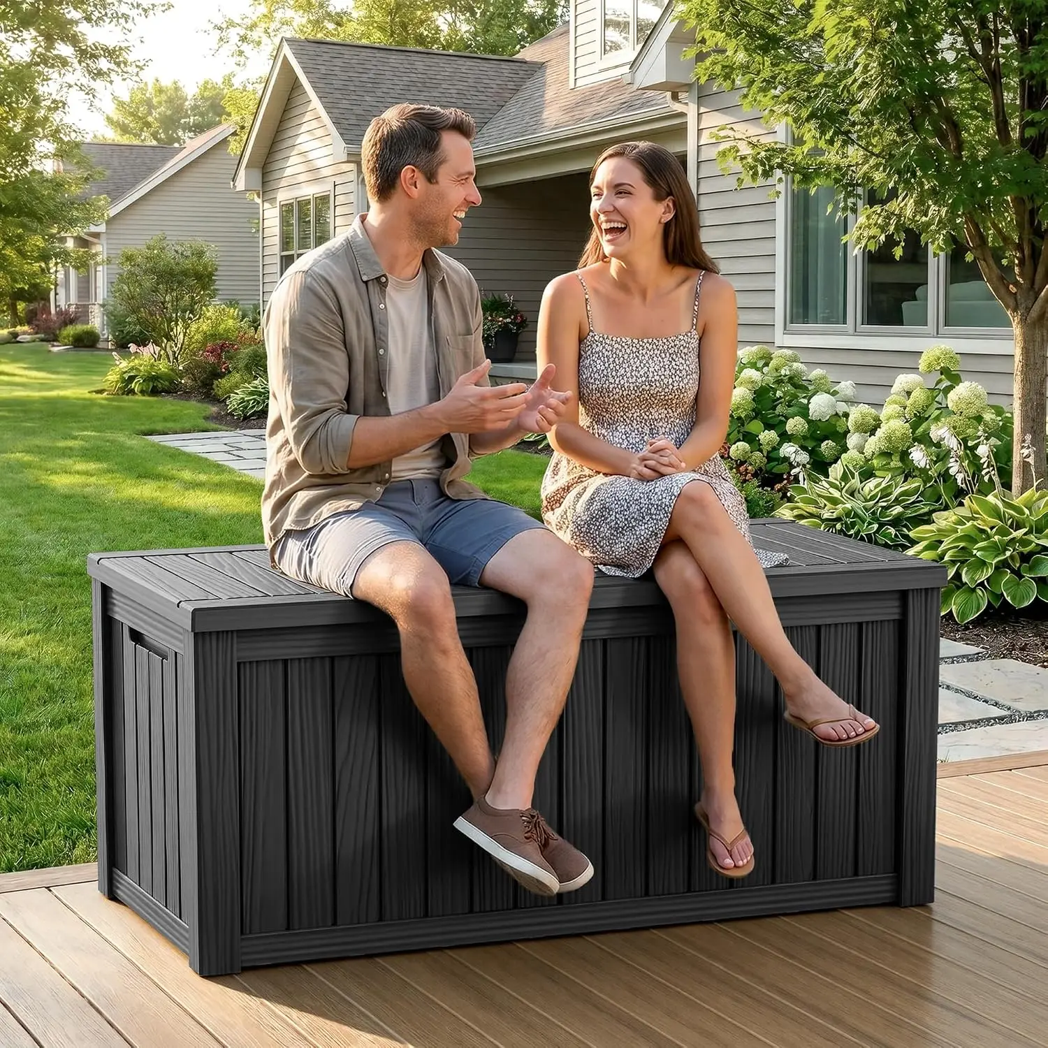 150 Gallon Outdoor Storage Box Waterproof,Weatherproof Deck Boxes Outdoor Lockable,Resin Outside Storage Box for Garden Tools,Cu