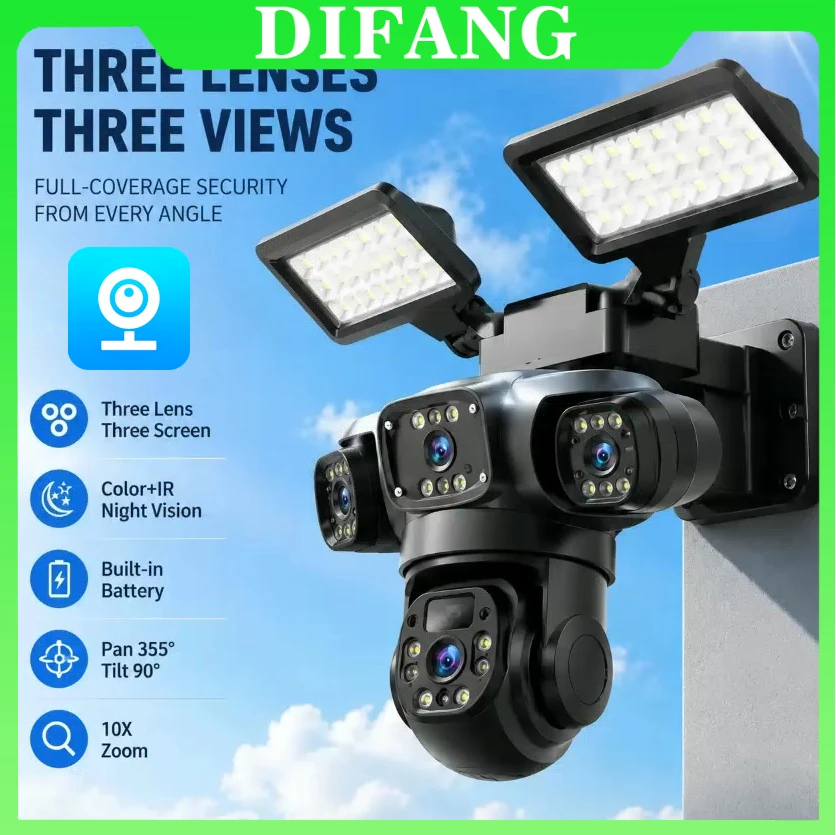WiFi Solar Lighting Security Camera Outdoor Three Screens Wireless Solar Lighting 360° PTZ Siren Alarm Waterproof Solar CCTV