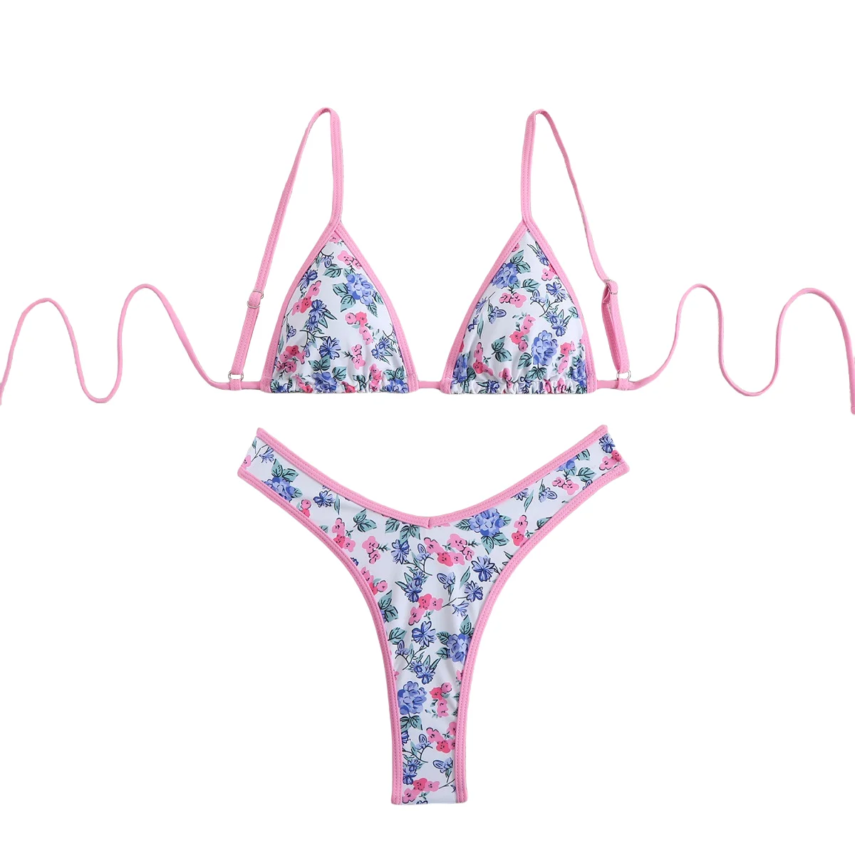 

Women's Sexy Floral Print Triangle Swimsuit Two-Piece Bikini Set Pink Trim Romantic Beach Swimwear Summer Sweet Style Beachwear