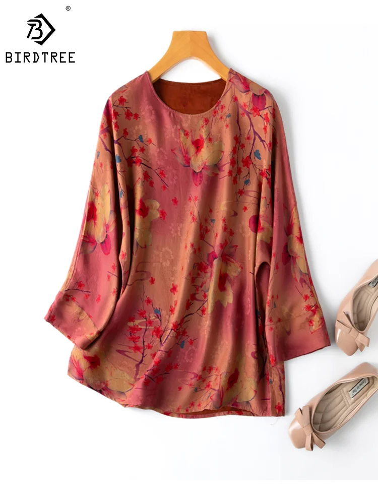 

BirdTree, 100%Real Silk XiangYunSha, Women Flower Jacquard T-Shirts, Elegant Fashion Loose Tee, 2024 Spring Summer Tops T43267QM