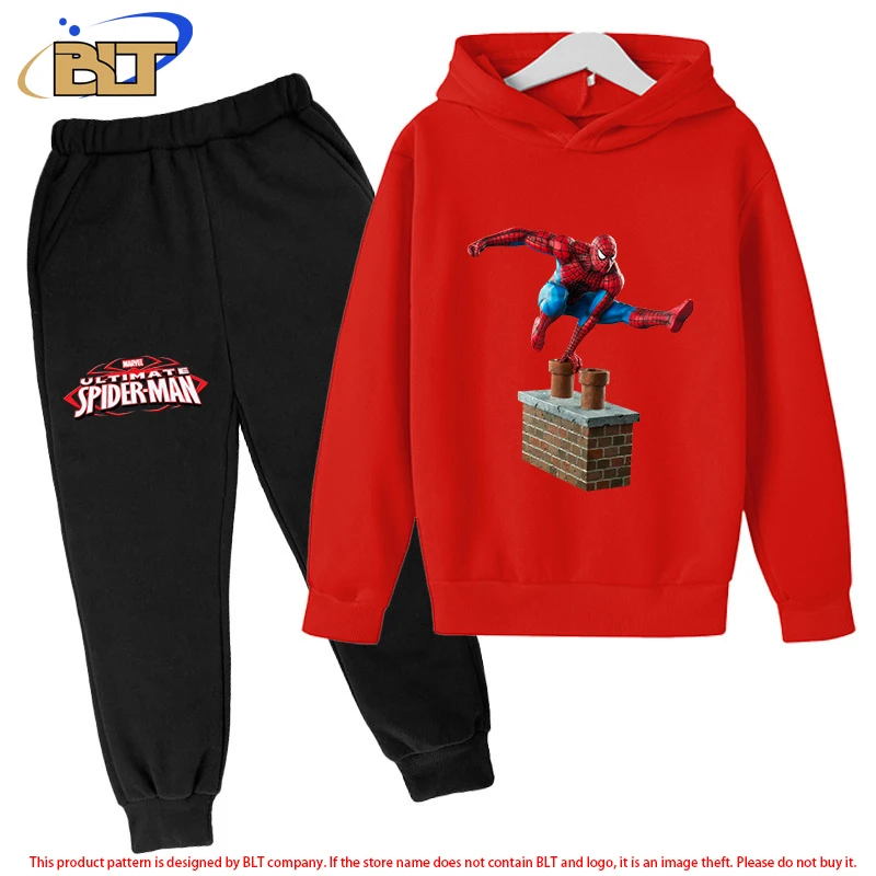 Spider-Man children's fleece hoodie suit red sports sweatshirt pants two-piece suit for boys and girls