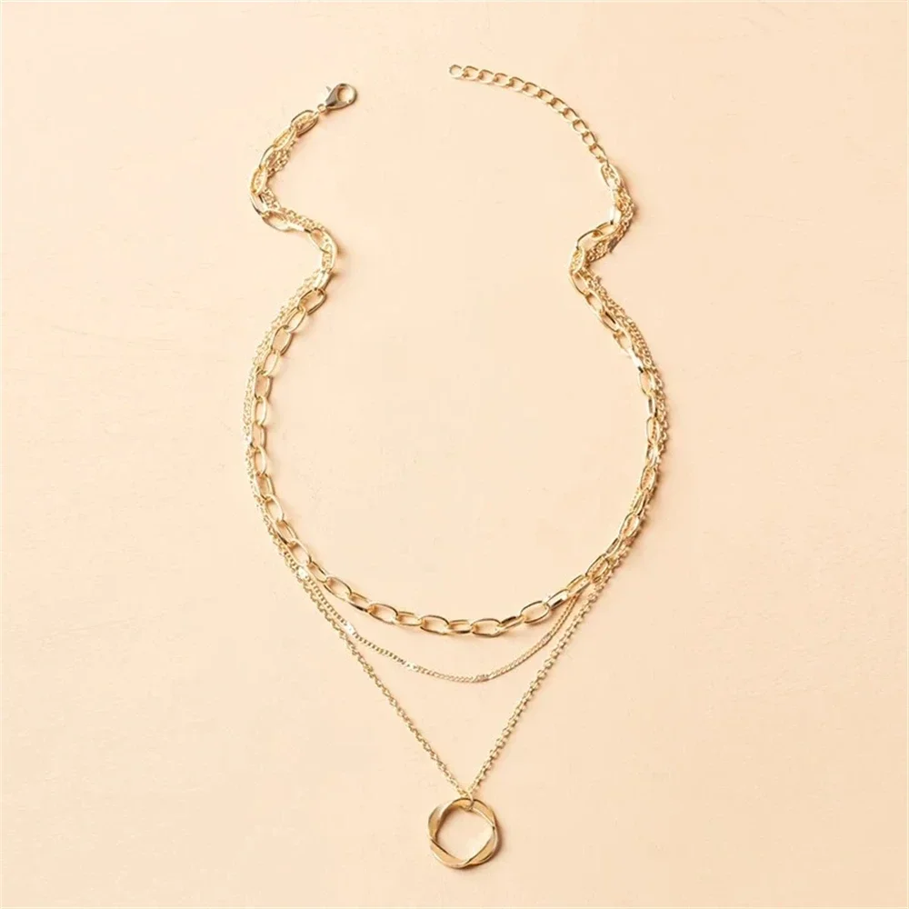 FSUNION New Gold Color Multi Layered Chains Necklace for Women Girls Circle Pendant Vintage Necklaces Fashion Jewelry 2025 Gifts
