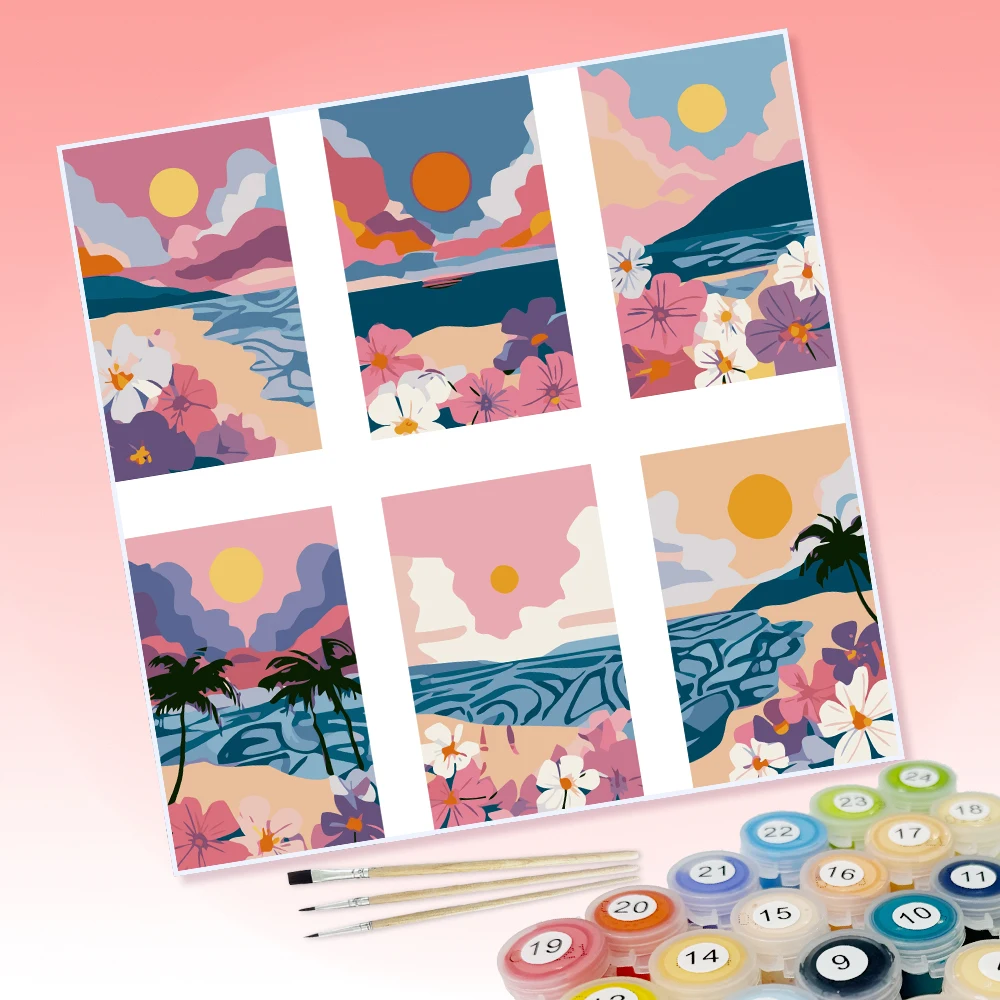 6 Stücke DIY-Malereien mit Motiven wie Sonnenuntergang, Kokospalmen, Meereswellen und Blumen, geeignet zur Wanddekoration im Haus. – Detail 1