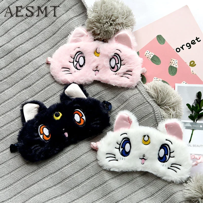 Cartoon Anime Cosplay Kawaii Accessories Warrior Luna Cat Plush Eye Mask Glossy Eye Shade Sleep Goggles No Ice Bag Eye Mask@0Z*