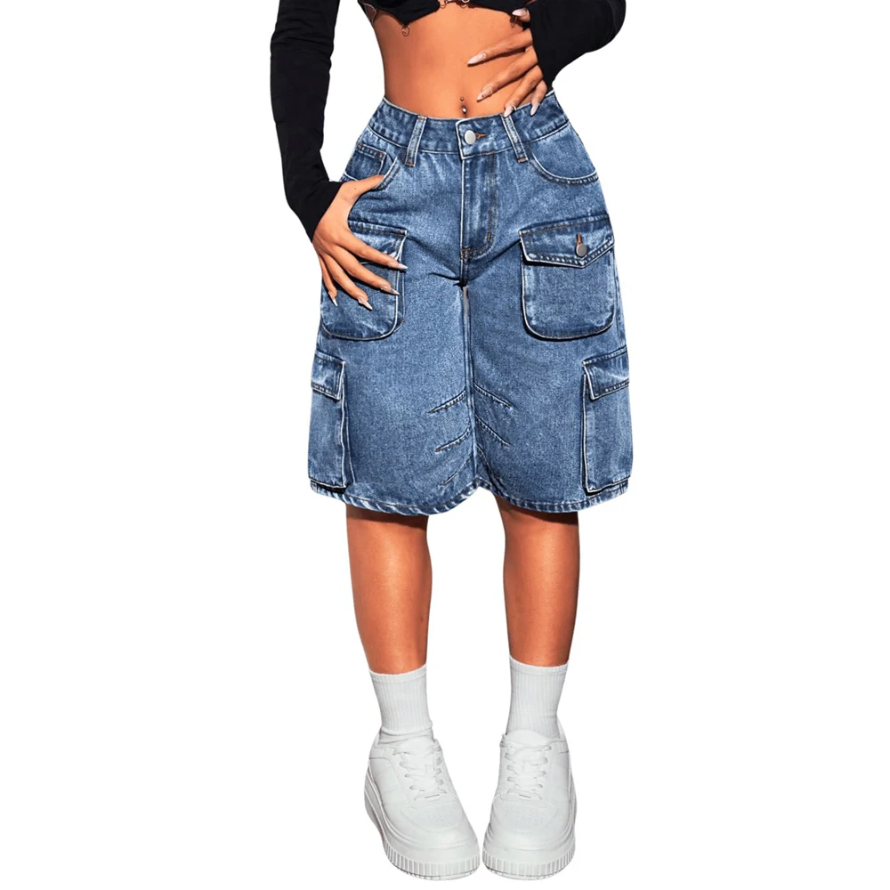 Mode Taschen Frauen Säure Waschen Cargo Denim Shorts 2025, Sommer Casual Weibliche Streetwear Böden Baggy Y2k Hohe Taille Jean Shorts – Detail 3