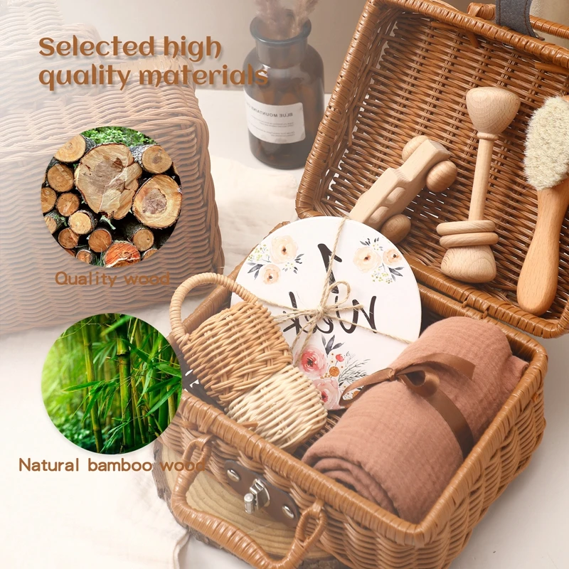 Baby Geboorte Cadeau Set Gift Box Riet Geschenkdoos Houten Mijlpaal Siliconen Speelgoed Baby Fopspeen Haak Bel Rinkelen Delicate Cadeau