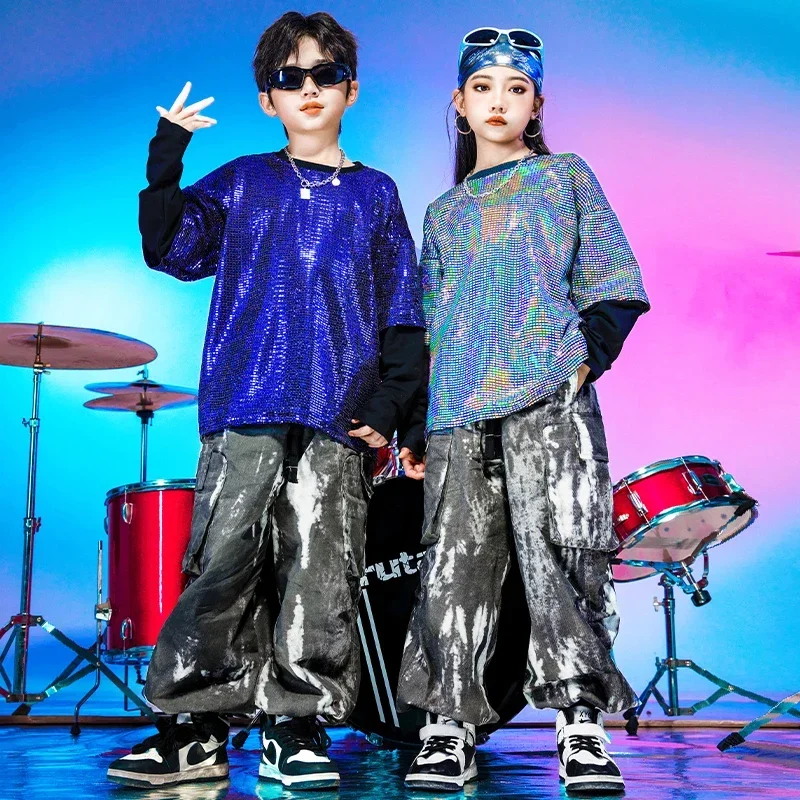 Children Hip Hop Clothing Sequined Sweatshirt Joggers Boys Cargo Pants Girls Street Dance Streetwear Kids Jazz Cool Clothes Sets