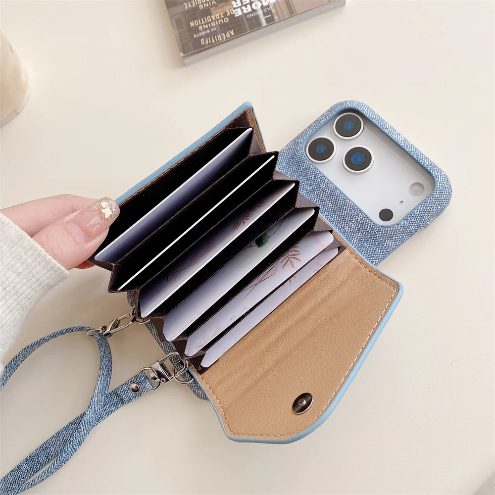 

Fashion leather card bag Phone case for iPhone 11 12 13 14 plus 15 16 17 promax mini with card slot wallet shoulder strap cover