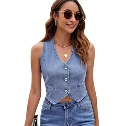 Women Summer Single-breasted Cardigan Denim Waistcoat V Neck Sleeveless Short Jackets Vest Female Comfortable Casual Streetwear