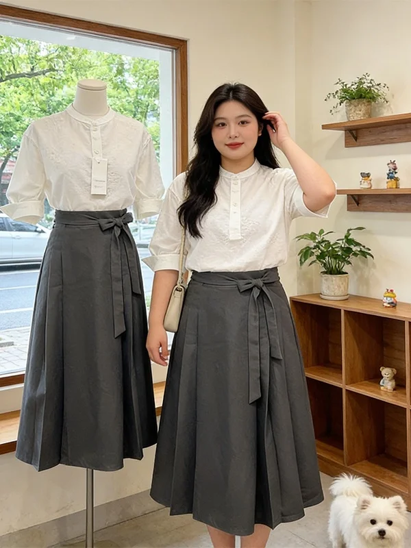 

plus Size Slimming Set Women's Summer New White Shirt Belted Pleated Skirt Two Piece Set Korean Style Commute Fashion