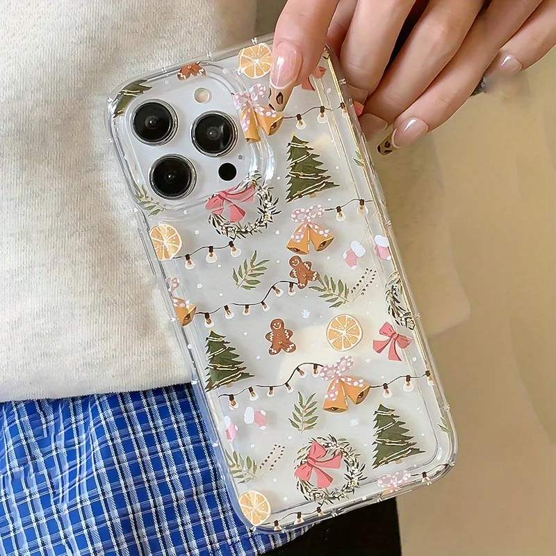 Funda de teléfono de Tpu anticaída transparente con diseño de campana de hombre de jengibre y árbol de Navidad, adecuada para iPhone 17 Pro Max Air iPhone 16 15 14 13 12 11 Air Plus Pro Max Series, adecuada para diversos vacaciones, cumpleaños, familiares, amigos