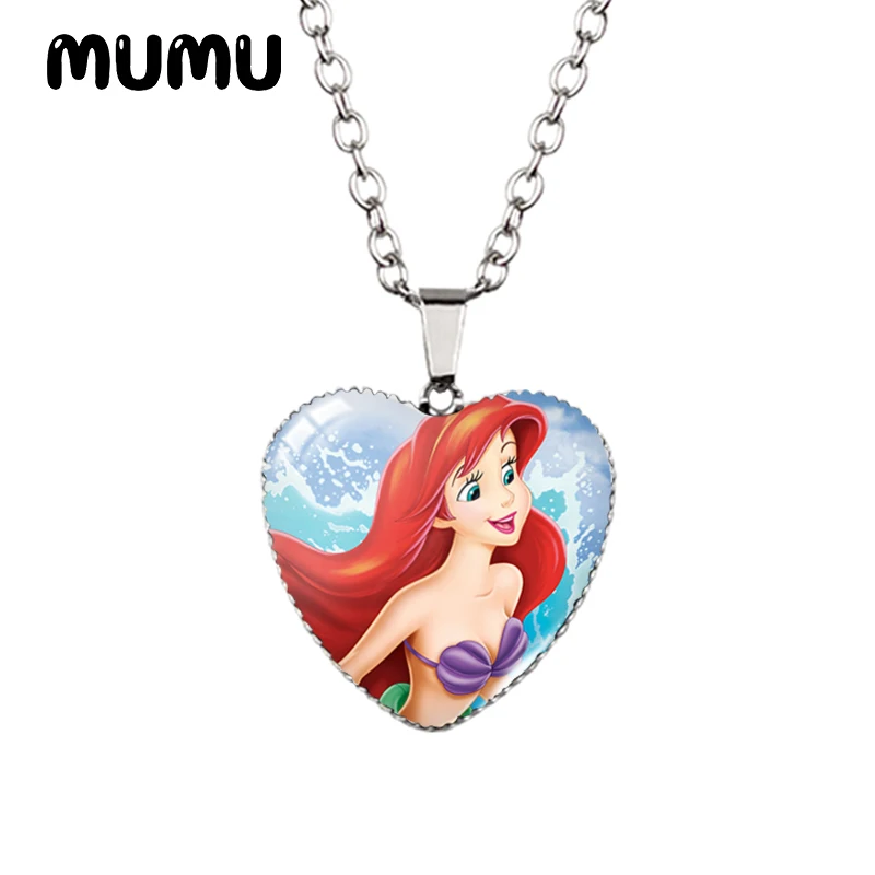 2024 New The Little Mermaid Heart Necklace Glass Printed Photo Pendant Handmade Jewelry Gifts Children