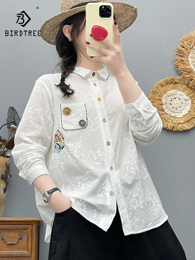 

New 2026 Spring Women Cotton Long Sleeve Shirt, Turn-down Collar Embroidery, Mori Girl Preppy Style Casual Loose Blouse T61783CC