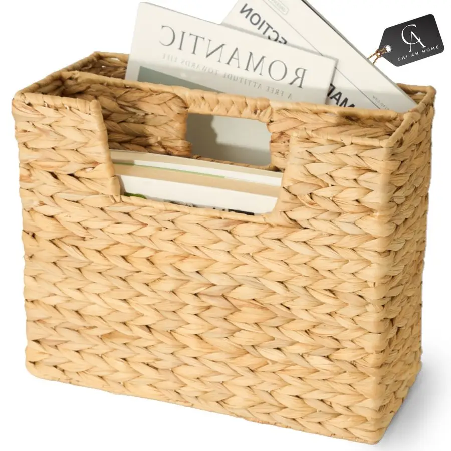 

Magazine Basket, Handwoven Water Hyacinth Storage Bin amp Organizer for Files, Books, Newspapers, Documents, Decorative Storage