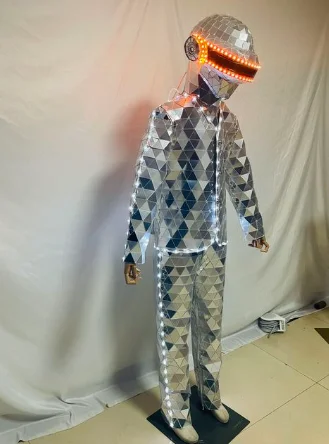 2023 Halloween Costume Hand Made Silver Golden LED Mirror Man Show Stage Suit Performance Mask