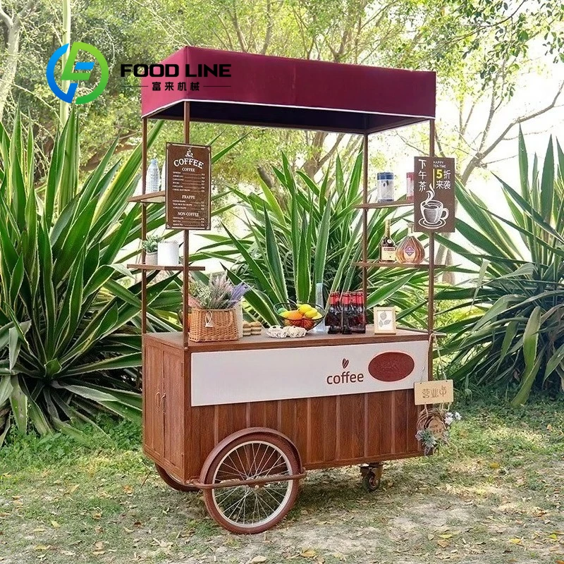 Customized Vintage Mobile Coffee Emporium Pedal Cart Hand Push Bicycle Cart for Coffee Business Cuisine Experience