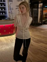 Chic Lace Women 's Shirts Elegant V-neck Tie Up Single Breasted Tops Female 2025 Summer Autumn Fashion Lady High Street Blouse - Image 3