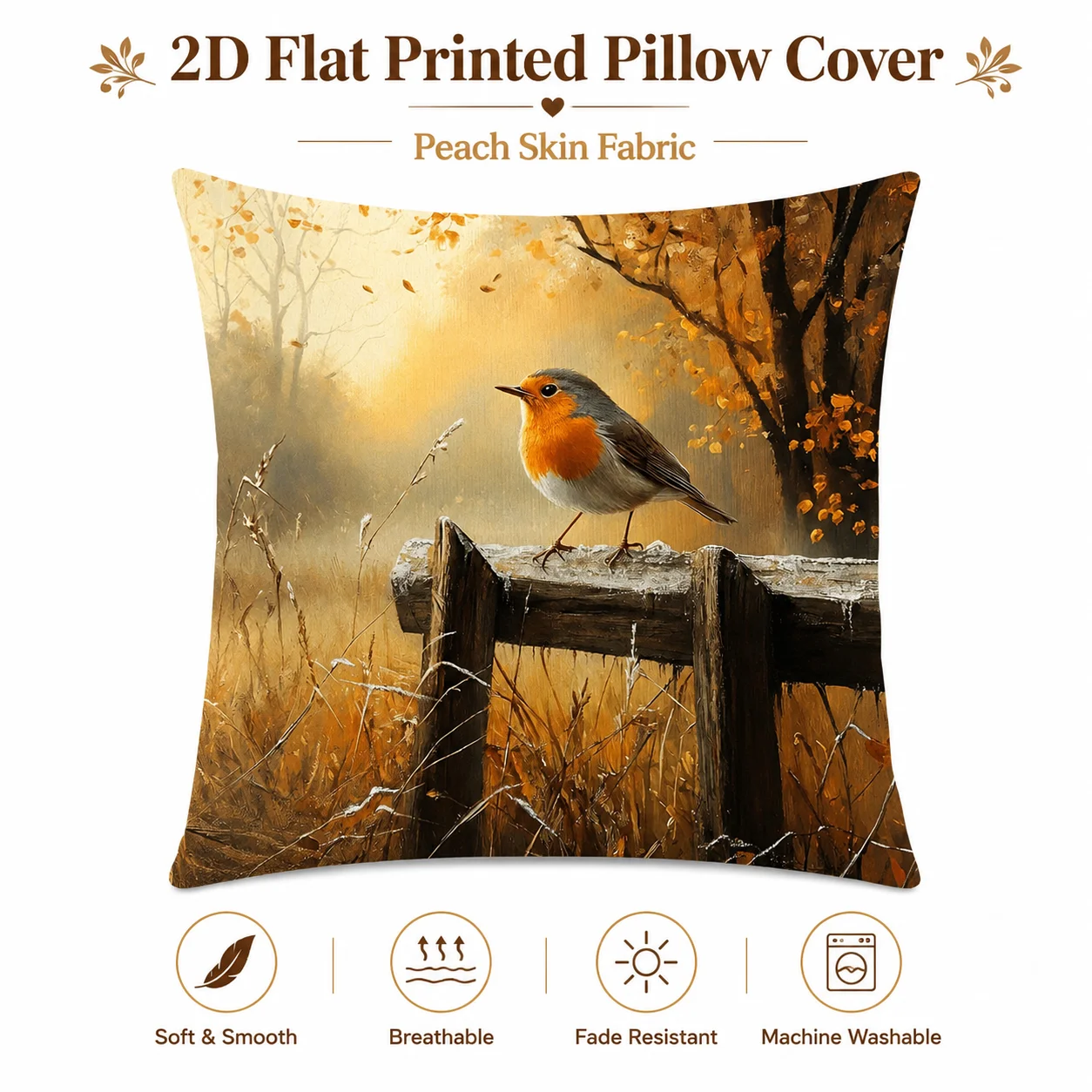 

2D Flat Printed Bird On Fence Pillowcase Peach Skin Breathable Cushion Cover Autumn Home Decor For Couch Living Room Sofa