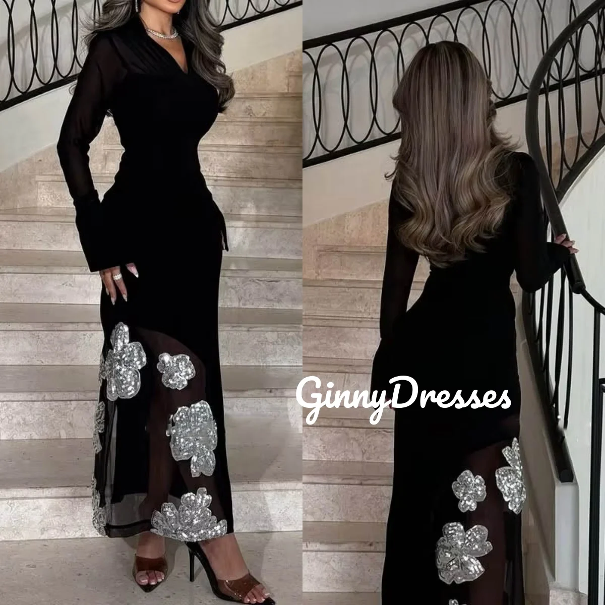 

Черное вечернее платье трапециевидной формы с бисером на заказ, платья длиной до пола с v-образным вырезом для особых мероприятий, на молнии с длинными рукавами, Vestidos De