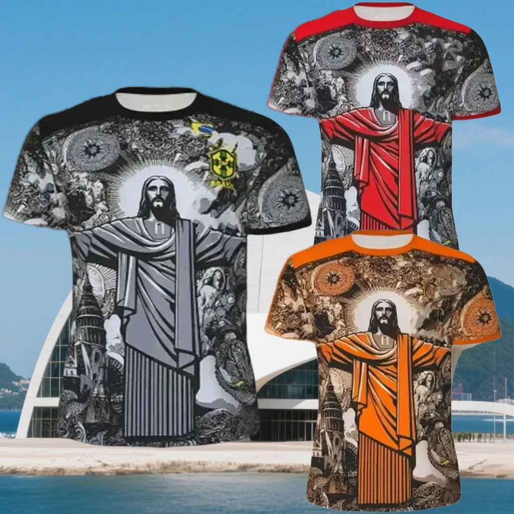 

Мужская/женская футбольная тренировочная футболка с бразильским принтом Иисуса, быстросохнущая дышащая удобная спортивная мотоциклетная футболка с круглым вырезом