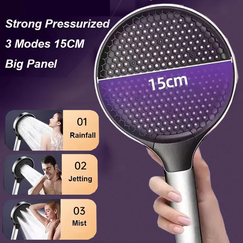 15CM Big Panel Massage Spa Pressurized Shower Head 3 Mode Adjustable High Pressure Water Saving One-Key Stop Handheld Showerhead
