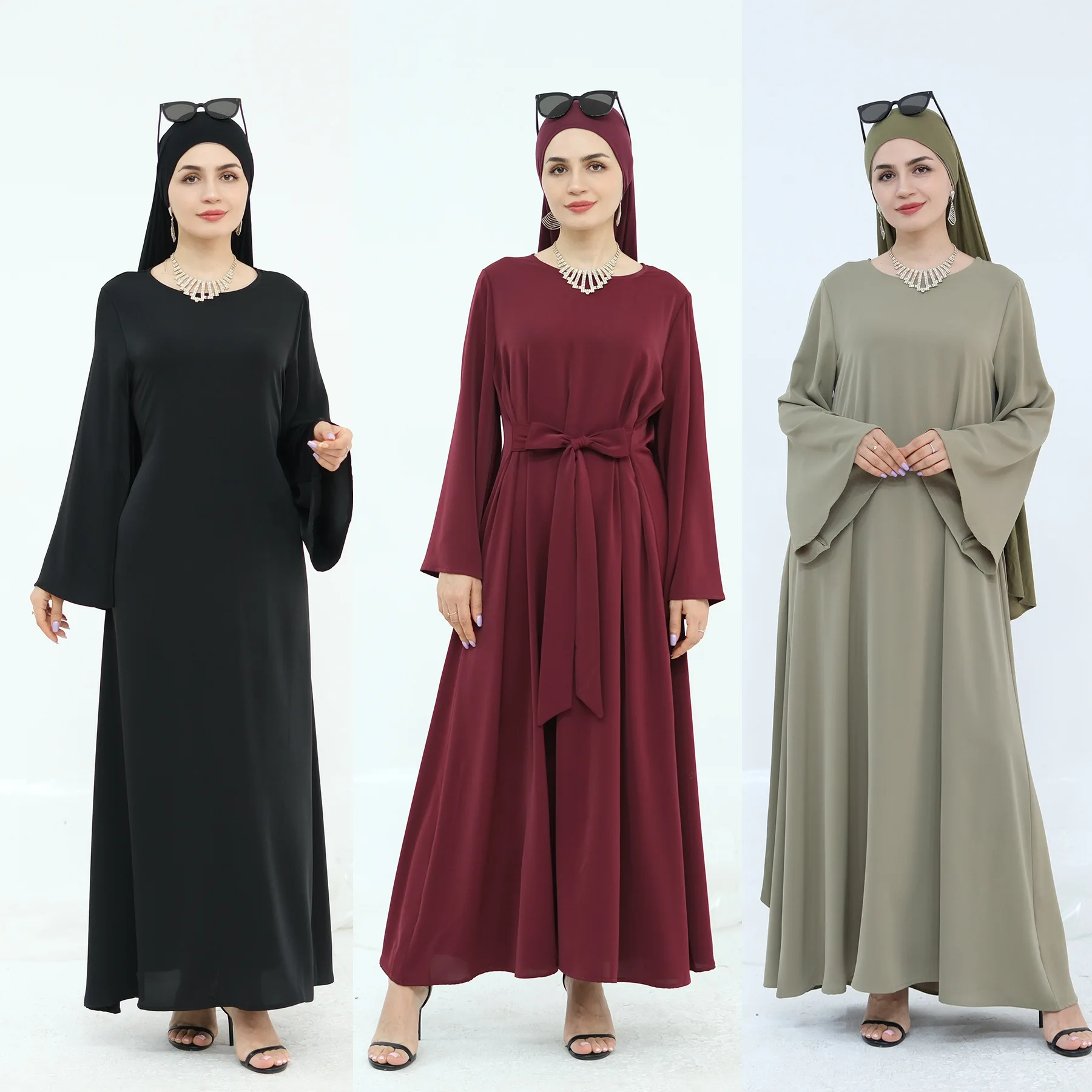 

Muslim Women Belted Long Dress Dubai Abaya Turkey Kaftan Solid Color Jalabiya Caftan Marocain Femme Robe Islam Clothing Abayas