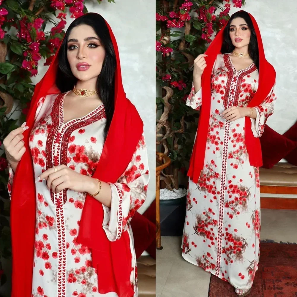 Floral Print Abaya Embroidery Dress V-neck Robe Party Kerchief Hijab Djellaba Set Ramadan Eid Loose Kaftan Vestidos Muslim Women