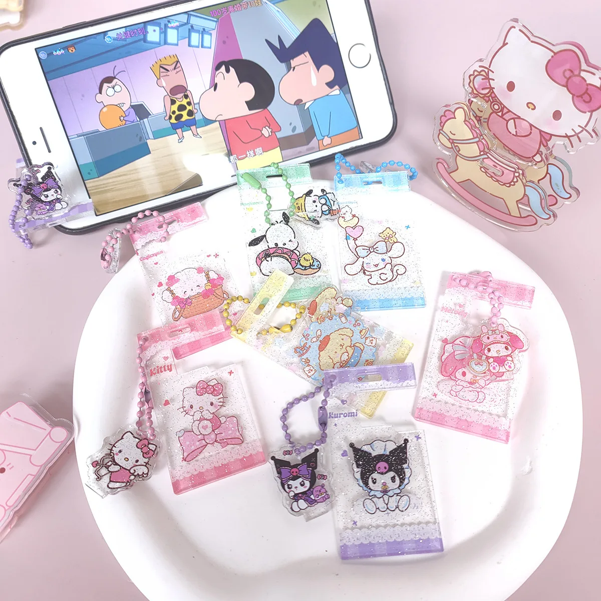 

New Sanrio Kuromi Cinnamoroll Creative Cartoon Glitter Lazy Portable Phone Holder Acrylic Keychain Pendant Wholesale Diy