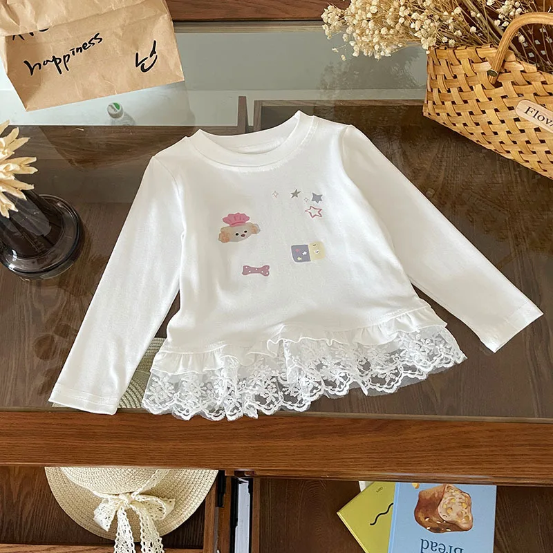 

Children Clothing Girls Cartoon Printed Long Sleeved T Shirt 2025 Autumn New Girls Fashionable and Casual Lace Round Neck Top