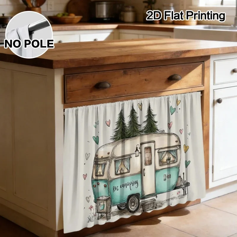 VIKAMA Bohemian Home Cabinet Curtain Retro Camping Travel Trailer Print Dust‑Proof Curtain for Under‑Sink Storage Ornament