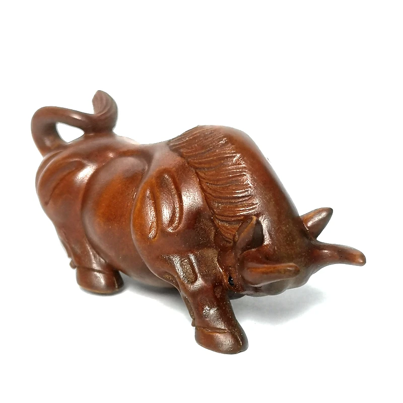 YIZHU CULTUER ART Size 7.5 cm Old Chinese Boxwood Wood Hand carved wealth ox Figurine statue Netsuke Decoration Collection