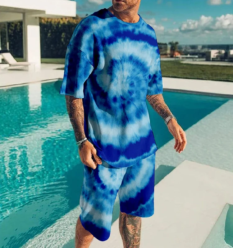 Personalized new summer trend men's T-shirt suit gradient pattern 3D printing oversized men's street art style suit comfortable