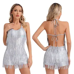 Donne Tango danza latina Cha-cha Samba Rumba Performance body senza maniche Halter Lace-up Metallic paillettes nappa body Dress