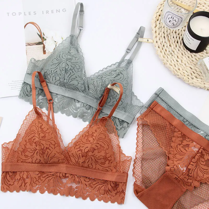 KUCLUT wireless cotton cup comfortable ladies underwear sets Soft-cup triangle bralette and transparent panties bra lingerie