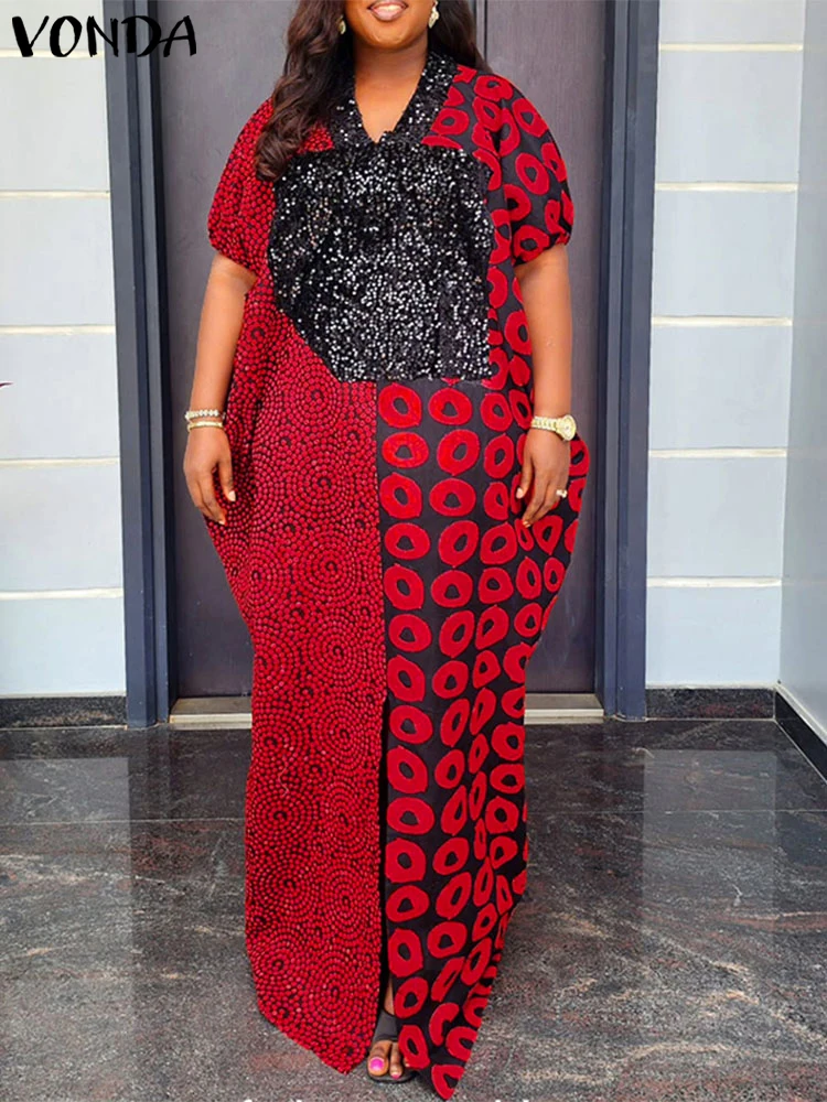 VONDA letnia sukienka Maxi 2025 kobiet w stylu Vintage patchworkowy nadruk długi Vestidos Sundress Casual luźny dekolt w serek rękaw w kształcie skrzydła nietoperza szata imprezowa