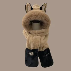 Fox Plush Ski Hat Scarf Gloves three-piece women's Hat Winter Warm Furry Cold Riding Outdoor Ear Protection Hat