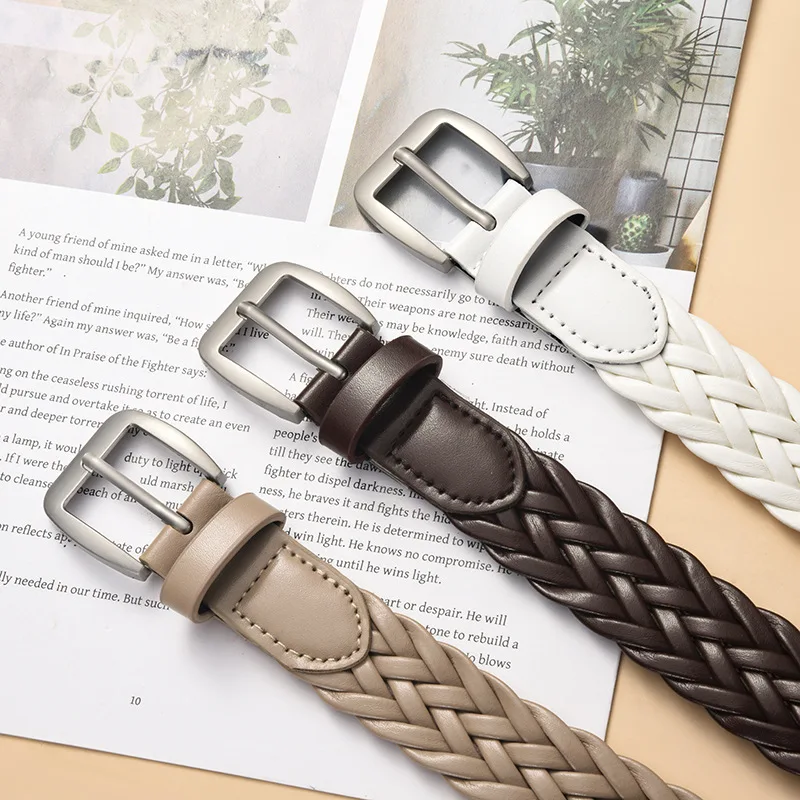 2PCS Zhejiang PU Women Belt Woven Alloy Buckle Head Casual Pants Dress Simple All Match Fashion Decoration Cross Cheap Wholesale
